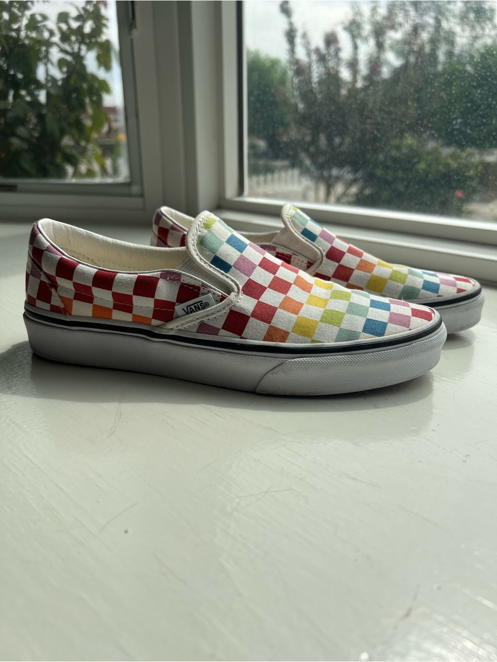 Vans Classic Slip-On Rainbow Checkerboard Unisex Sneakers, 8